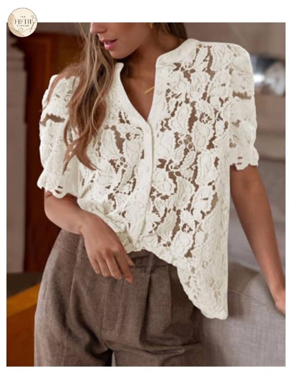 Lace Button Down Blouse with Puff Short Sleeves - Picture 2 of 6